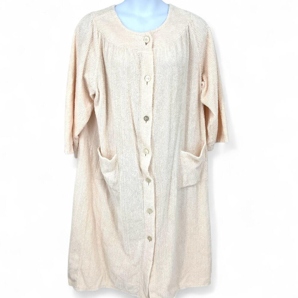 VTG Womens Peach Chenille Button Up ¾ Sleeve House Coat Robe Size 2XL **READ**